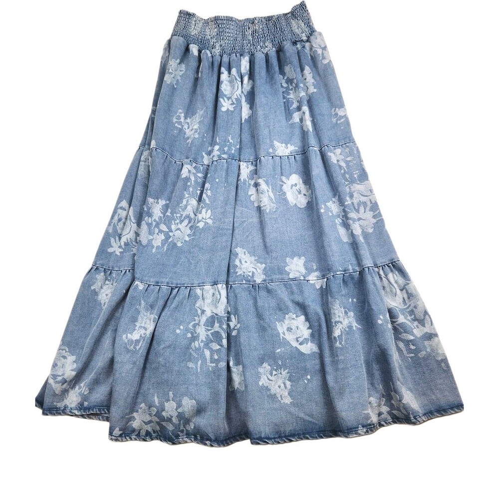 T Tahari Floral Smocked Waist Chambray Maxi Skirt Womens XL Pockets Lyocell NWT